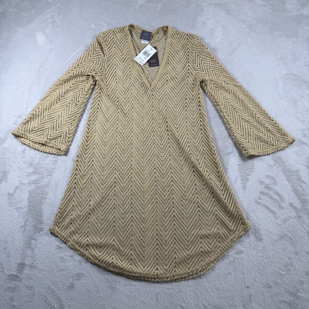 Elif for Jordan Taylor Gold Chevron Lace Crochet V-Neck Swim Cover Up Dress XS